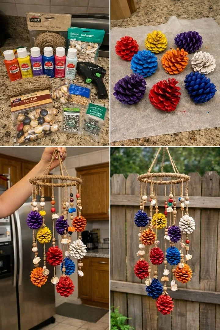 Beautiful DIY pinecone wind chime hanging in a garden