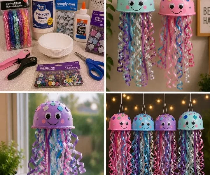 Colorful DIY ribbon jellyfish hanging craft made from vibrant ribbons and materials.