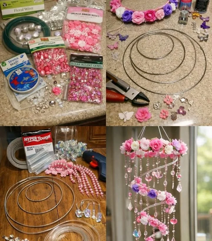 DIY spiral flower wind chime hanging in a garden