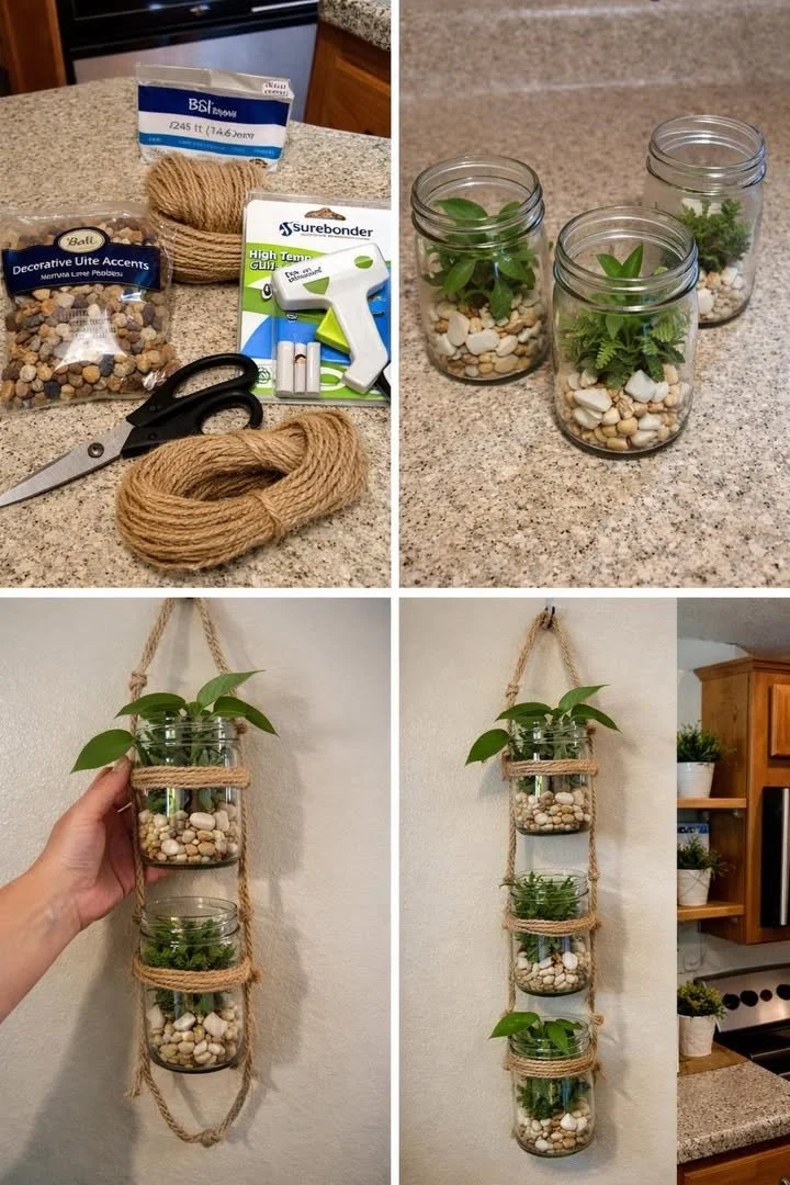 DIY vertical hanging jar planters with herbs and flowers for creative gardening