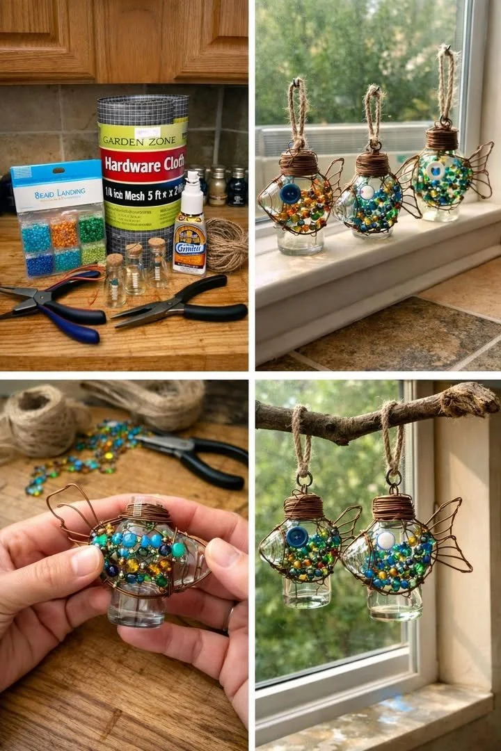 Colorful DIY wire fish bottle suncatchers hanging in sunlight