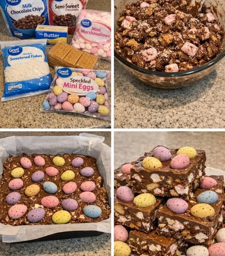 Easter Rocky Road dessert with marshmallows and chocolate