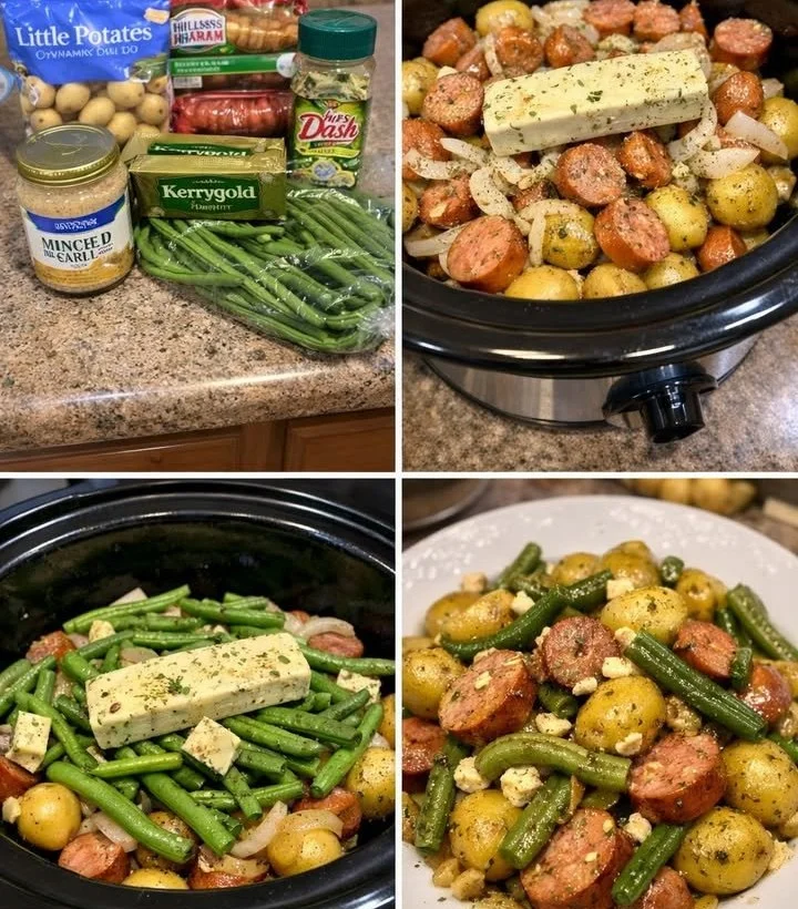 Easy crockpot garlic butter potatoes with sausage and green beans in a delicious dish