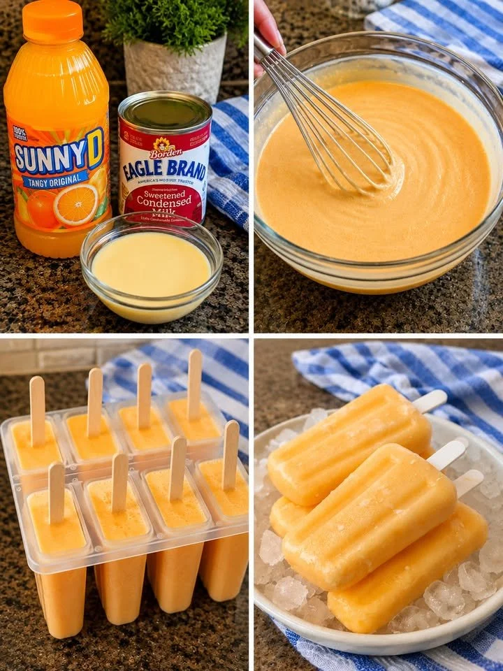 Homemade orange creamsicles on a wooden table for a refreshing dessert.