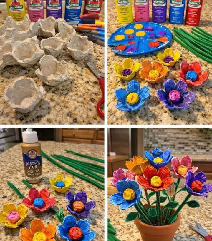 Colorful egg carton flower craft made from recycled materials