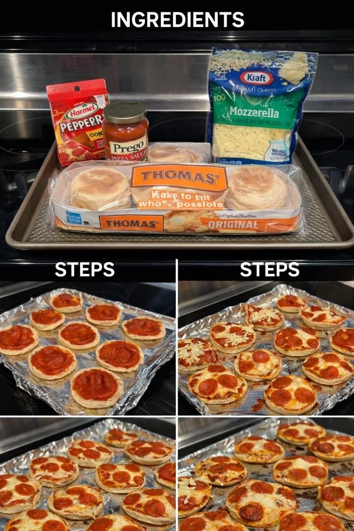 A plate of delicious English muffin pizzas topped with cheese and pepperoni.