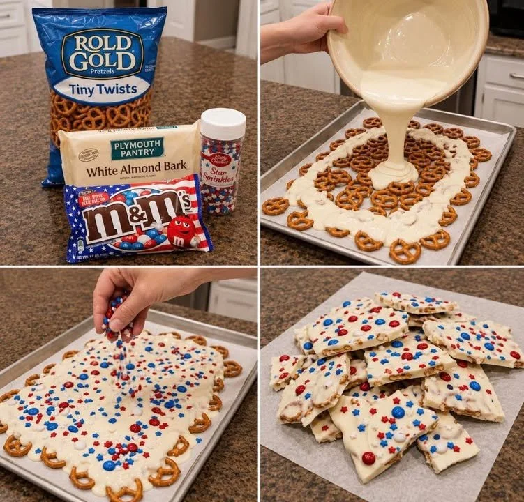 Homemade Firecracker Pretzel Bark with chocolate and sprinkles