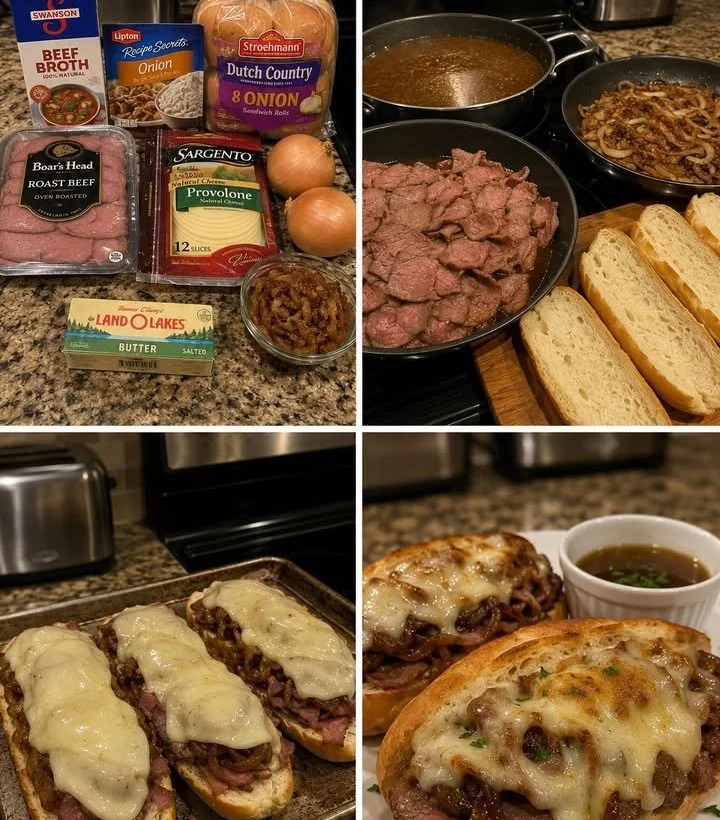 French Onion Roast Beef Melts with melted cheese and savory beef on a toasted bun