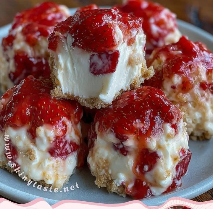 Frozen strawberry cheesecake cottage cheese clusters served in a bowl.