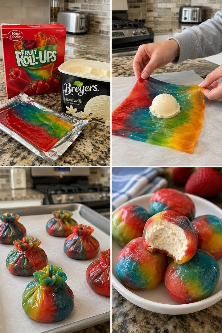 Fruit Roll-Ups ice cream bites in a colorful serving bowl