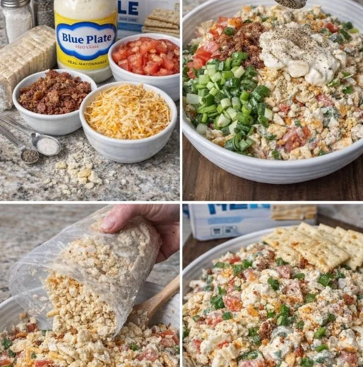 Delicious bowl of Georgia Cracker Salad with fresh ingredients and crackers.