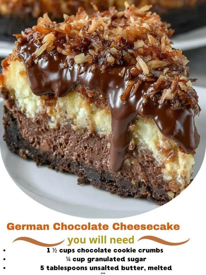 Slice of German Chocolate Cheesecake topped with coconut and pecan frosting