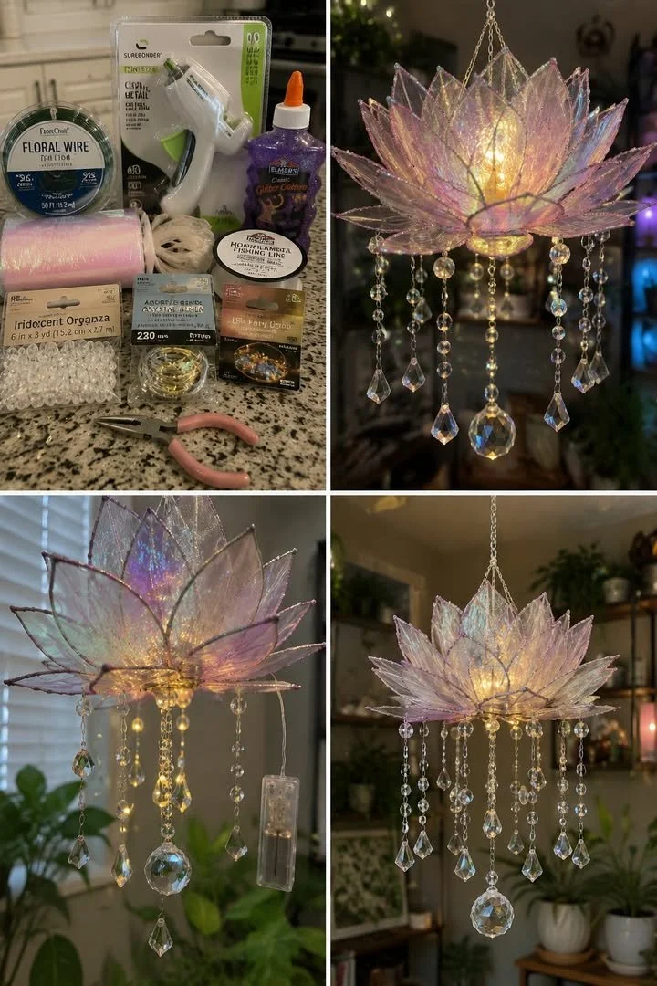 Glitter Lotus Hanging Ornament with wire petals and transparent mesh fabric