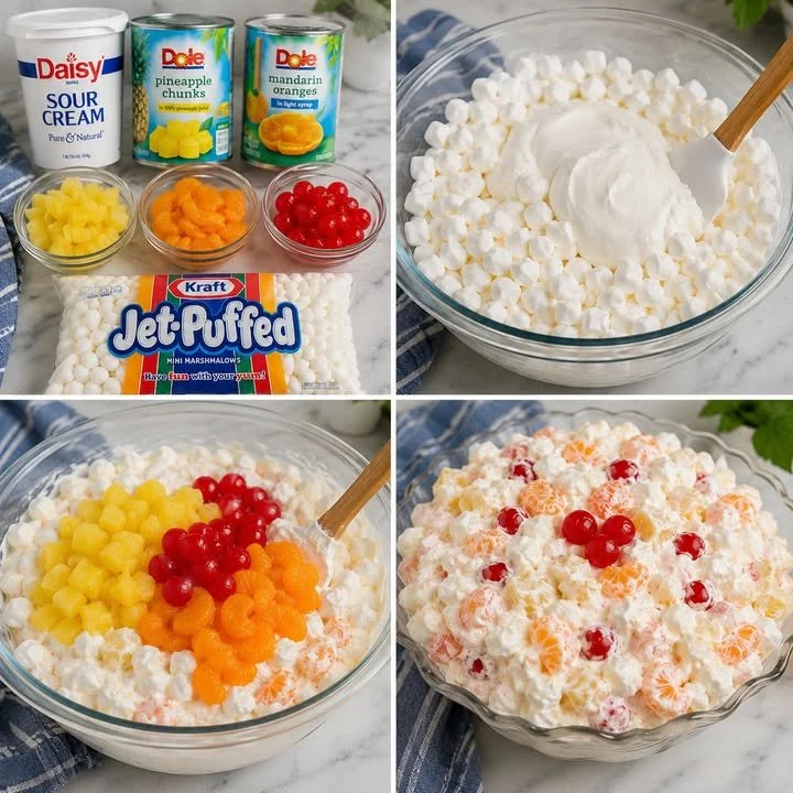 Bowl of Grandma's holiday ambrosia salad with fruits and marshmallows.