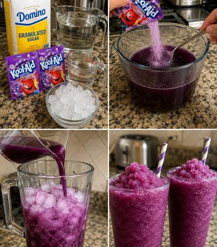 Delicious Grape Kool-Aid Slush in a colorful glass with ice