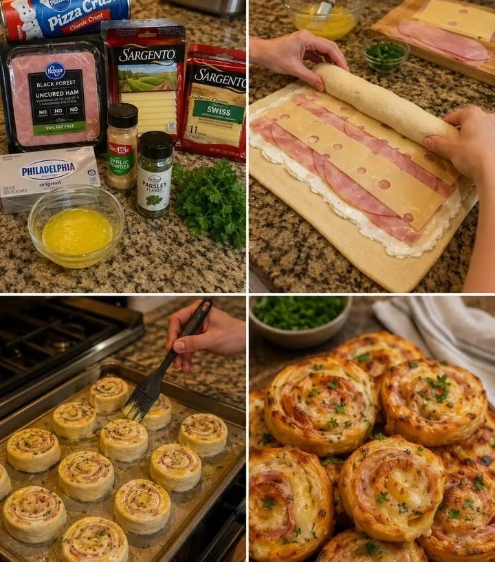 Ham and cheese pinwheels with garlic butter, fresh from the oven.