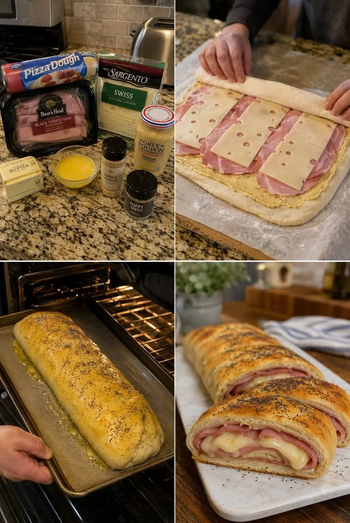 Ham & Swiss Garlic Butter Stromboli served on a wooden board