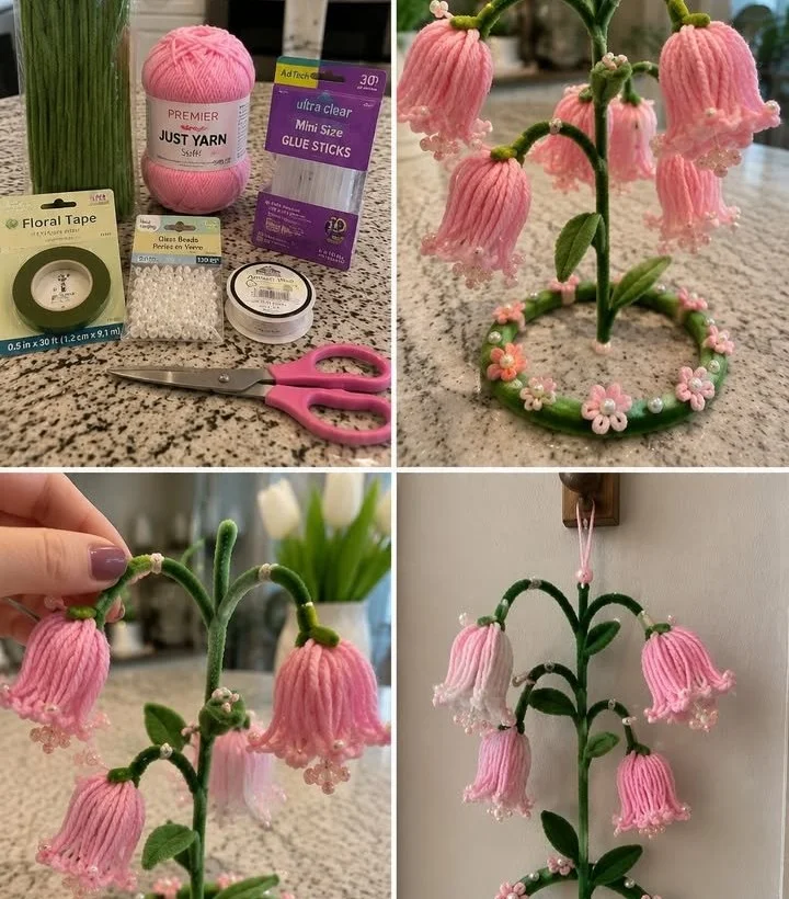 Handmade decorative flower resembling a bell flower made from chenille stems and yarn