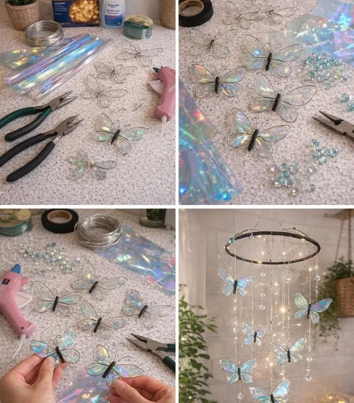 Hanging butterfly mobile with wire frames and iridescent transparent wings.