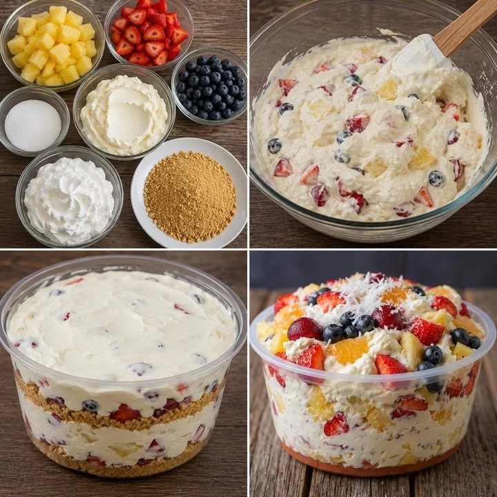 A refreshing bowl of Hawaiian Cheesecake Salad featuring tropical fruits and creamy cheesecake.