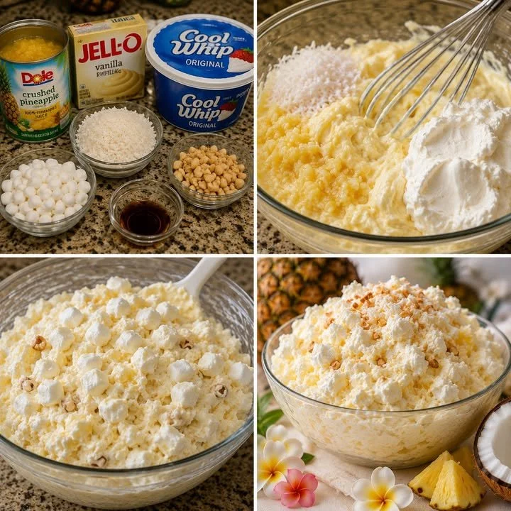 Delicious Hawaiian Pineapple Coconut Fluff dessert served in a bowl