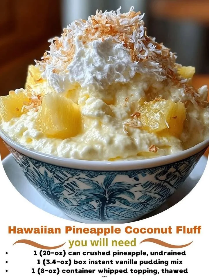Hawaiian Pineapple Coconut Fluff dessert served in a bowl with tropical toppings