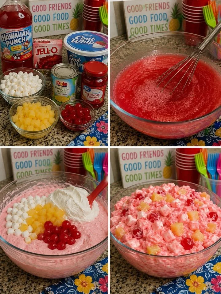 Hawaiian Punch Cherry Fluff Salad with cherries and whipped cream in a bowl