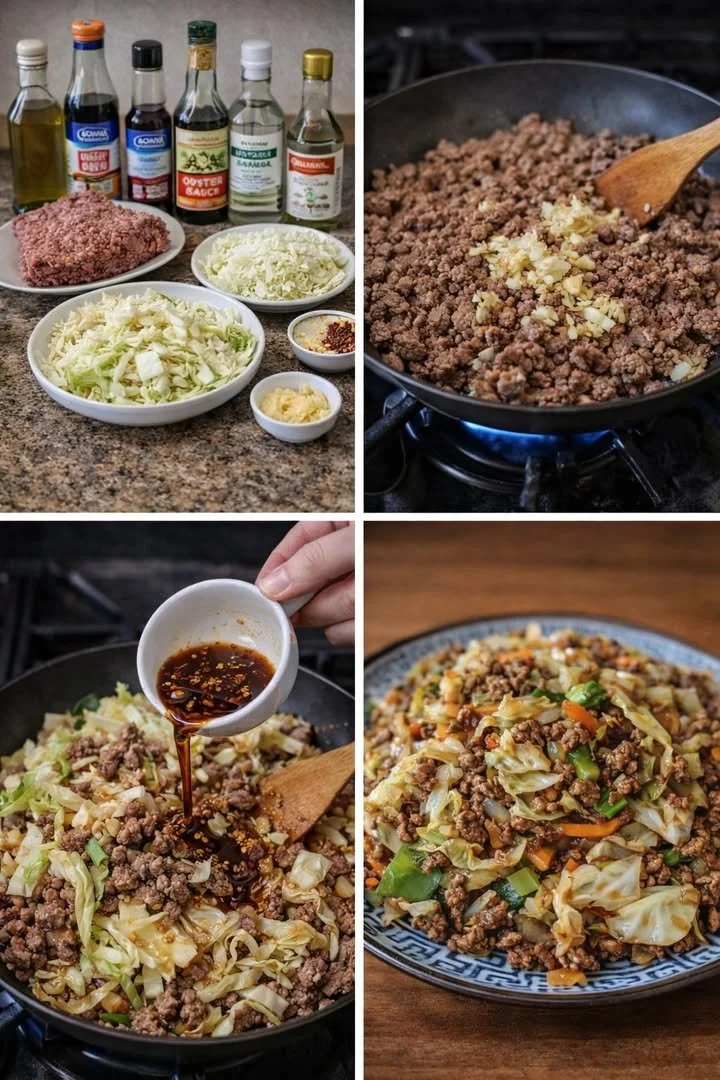 Healthy beef cabbage stir fry with ground beef and fresh vegetables.