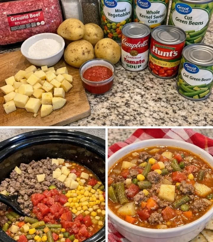 Bowl of hearty crockpot cowboy soup with vegetables and meat