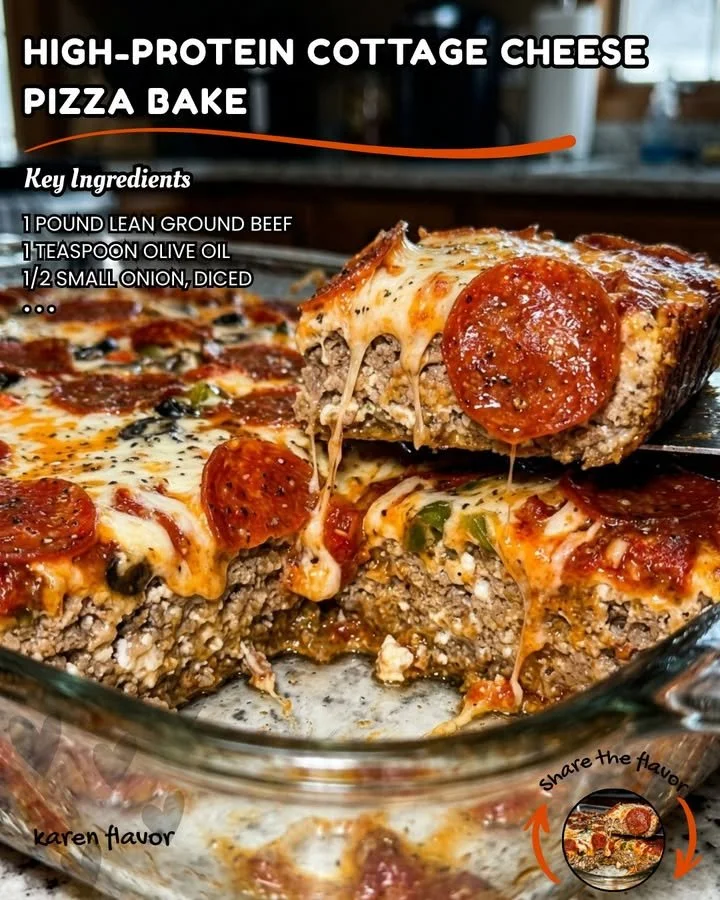 High-protein cottage cheese pizza bake topped with fresh ingredients