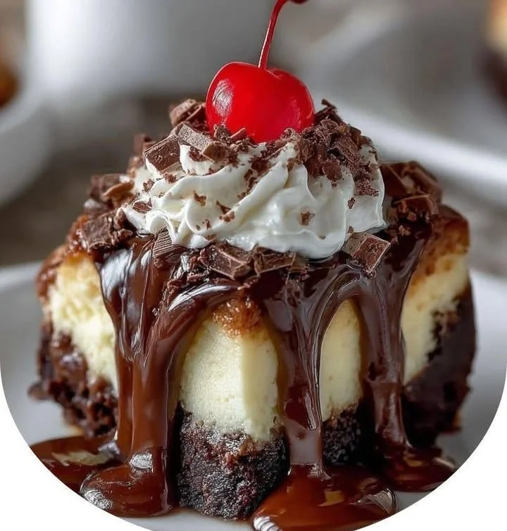 Delicious Hot Fudge Sundae Brownie Cheesecake topped with fudge and whipped cream