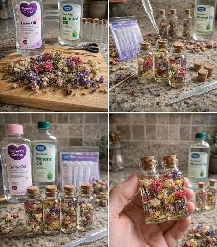 Preserved flowers in oil artfully displayed in a glass container.