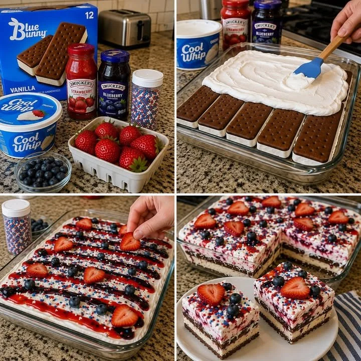 Delicious ice cream sandwich cake with layers of ice cream and cookies
