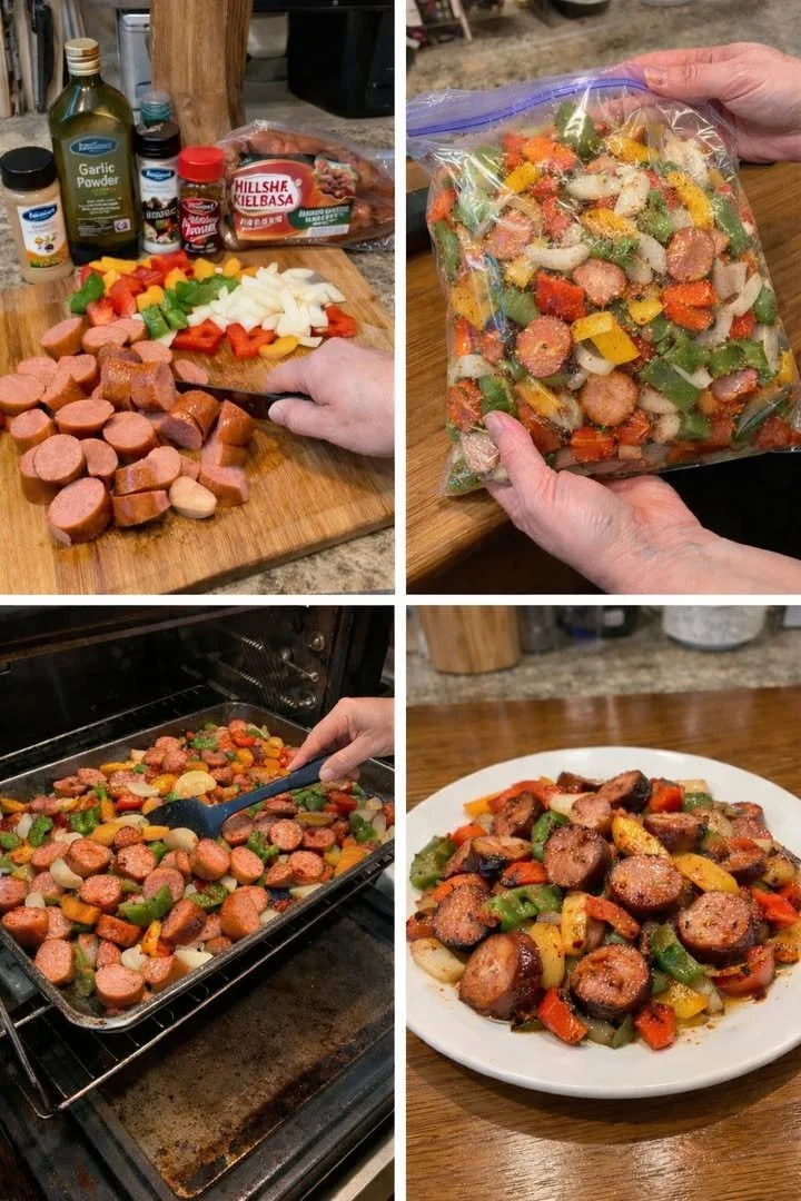 Kielbasa sausage and pepper bake fresh from the oven, garnished and ready to serve.
