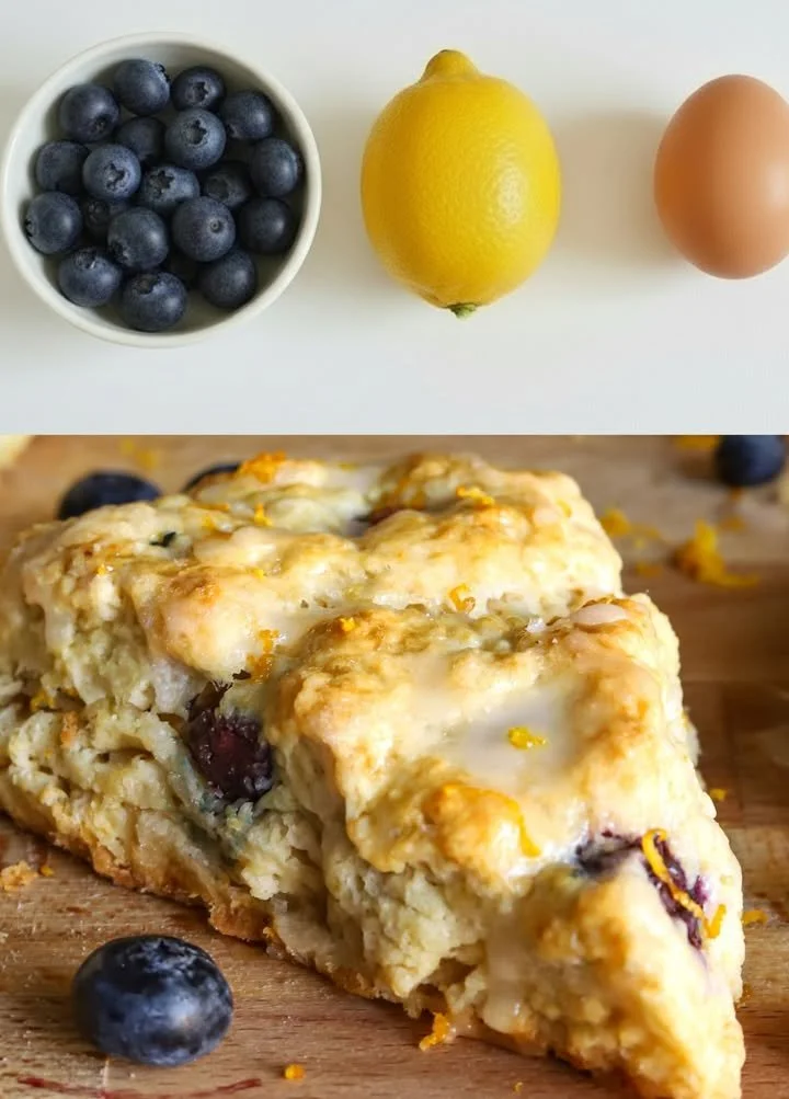 Fresh lemon blueberry cottage cheese scones on a rustic wooden table