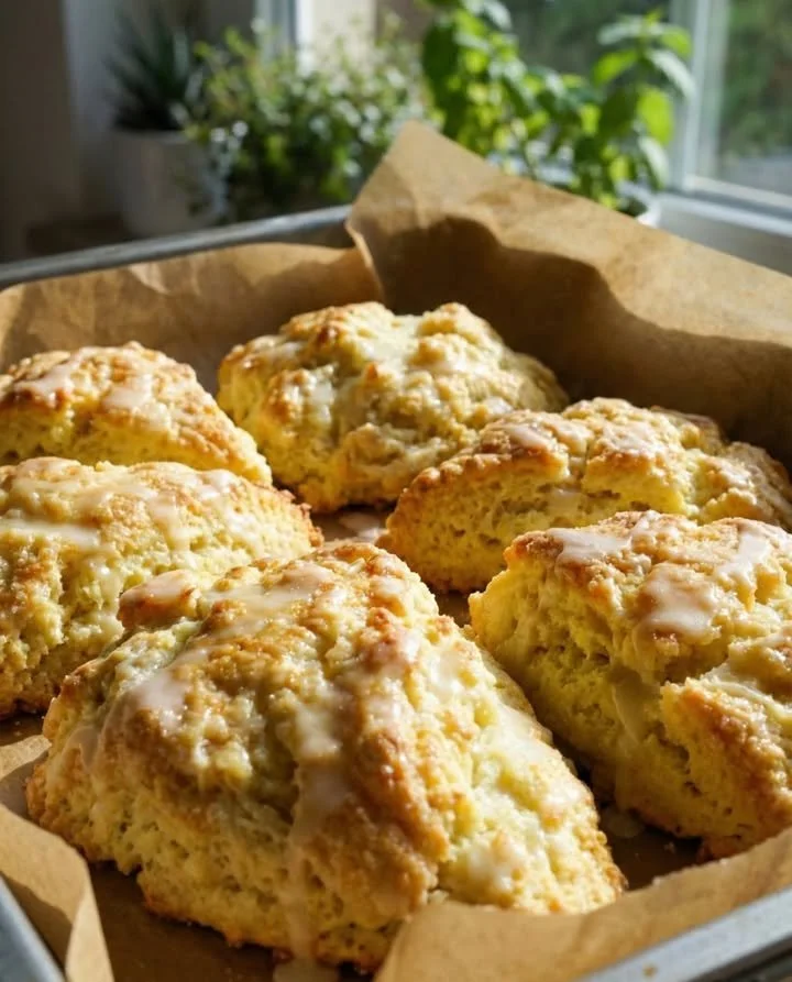 Lemon cottage cheese scones on a wooden board with lemon slices