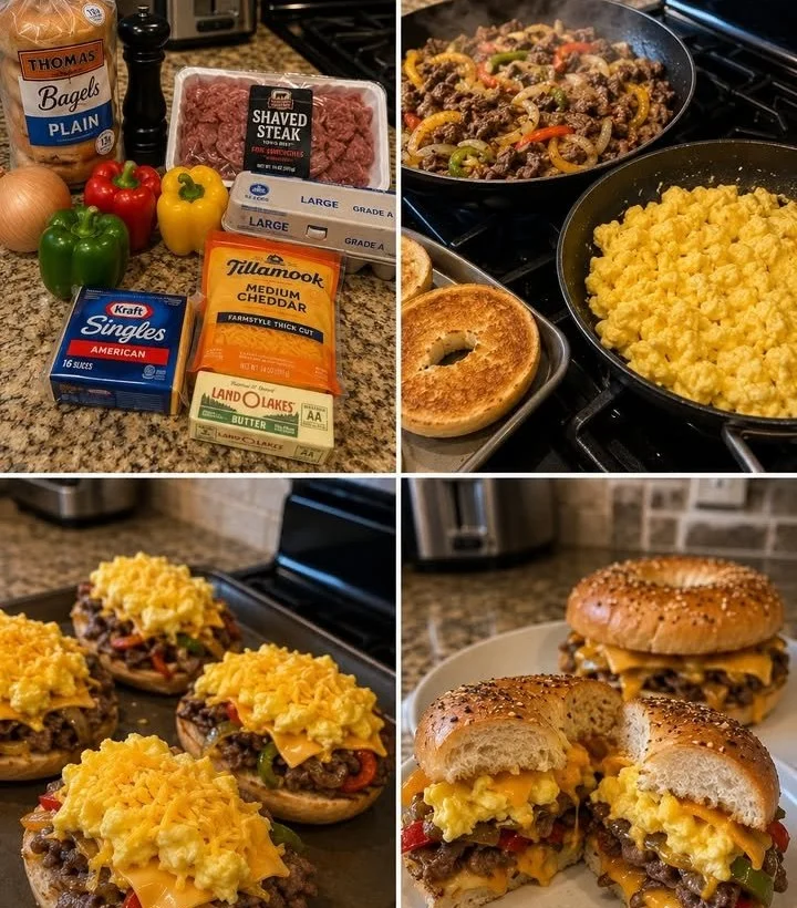 Loaded Breakfast Cheesesteak Bagel with eggs, cheese, and steak