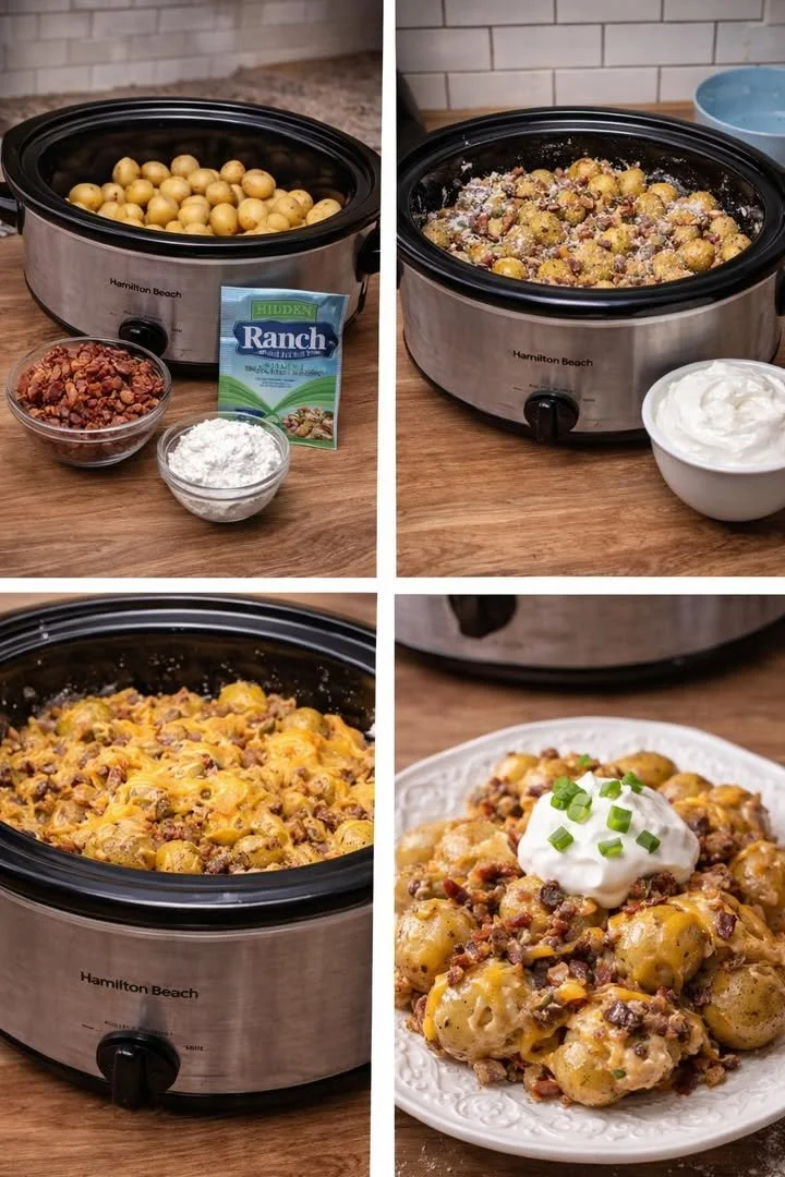 Delicious loaded crack potatoes topped with cheese and bacon.
