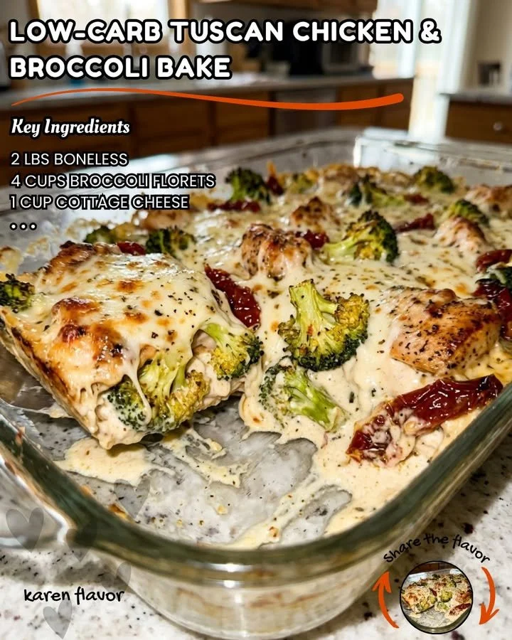 Low-Carb Tuscan Chicken & Broccoli Bake served on a plate