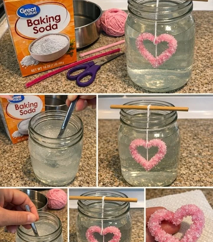 DIY growing crystal heart project materials and finished product