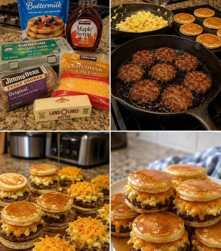 Maple Sausage Pancake Sliders served on a wooden platter with syrup