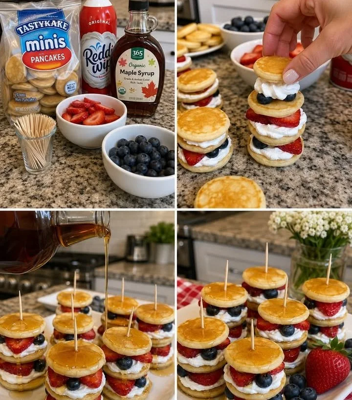 Delicious mini pancake berry stacks topped with fresh berries for Memorial Day.