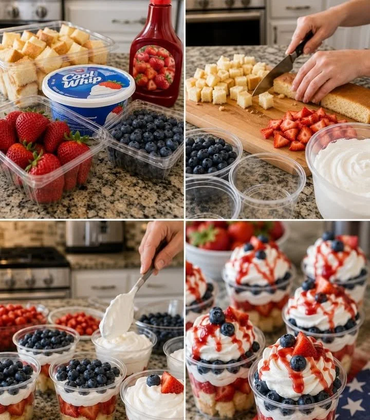 Memorial Day strawberry shortcake cups topped with fresh strawberries and whipped cream.