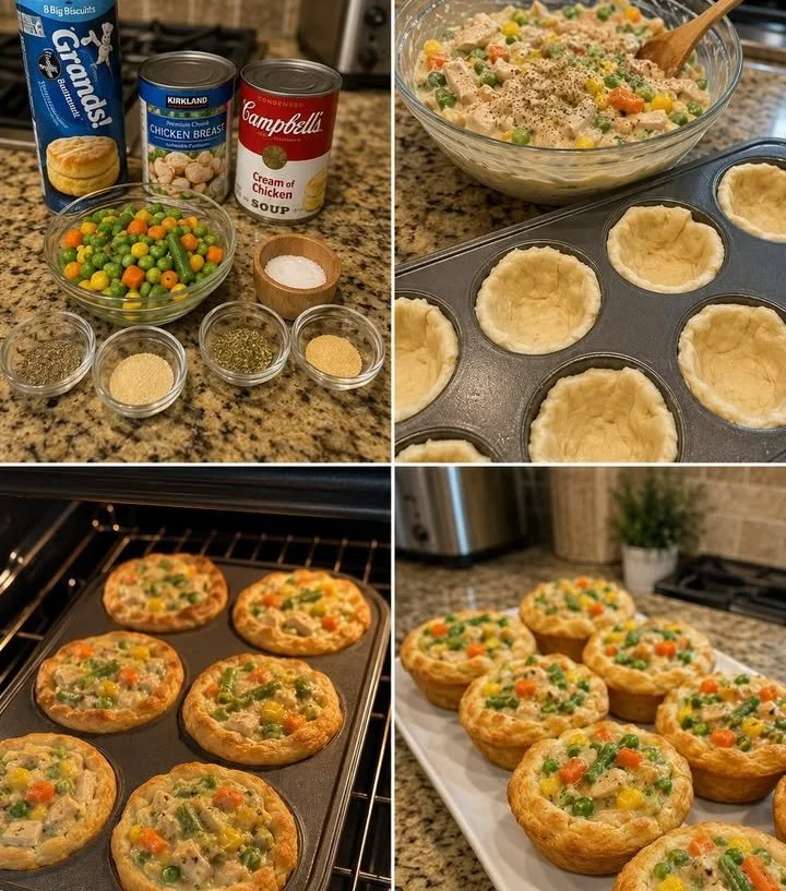 Mini Chicken Pot Pie Biscuit Cups served on a plate, showcasing delicious filling.