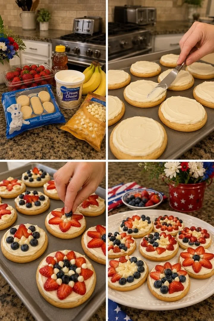 Mini fruit pizzas topped with fresh fruits and creamy frosting