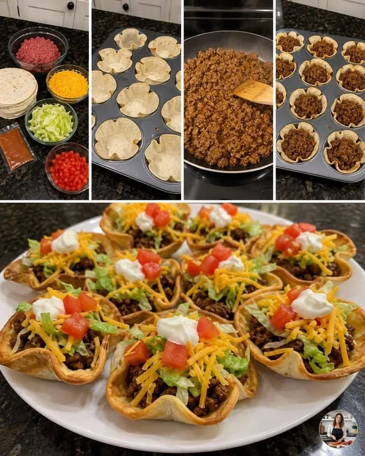 Colorful mini taco bowls filled with fresh ingredients and toppings.