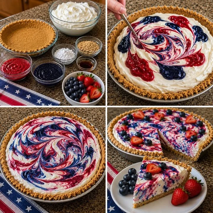 Delicious No-Bake 4th of July Swirl Pie featuring vibrant colors and creamy layers.