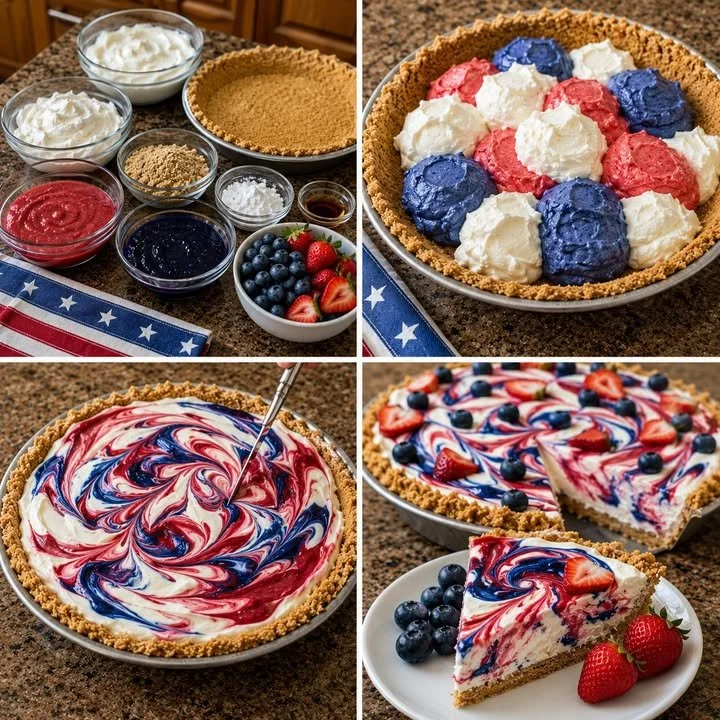 Delicious no-bake 4th of July swirl pie with vibrant red, white, and blue layers