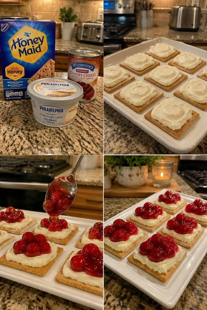 No-Bake Cherry Cheesecake Graham Bites topped with fresh cherries
