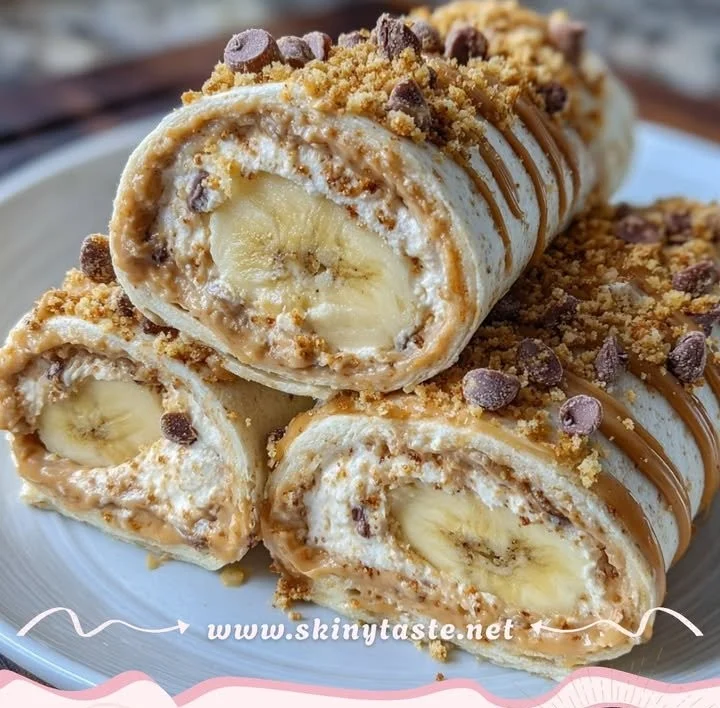No bake cottage cheese peanut butter banana roll ups on a plate